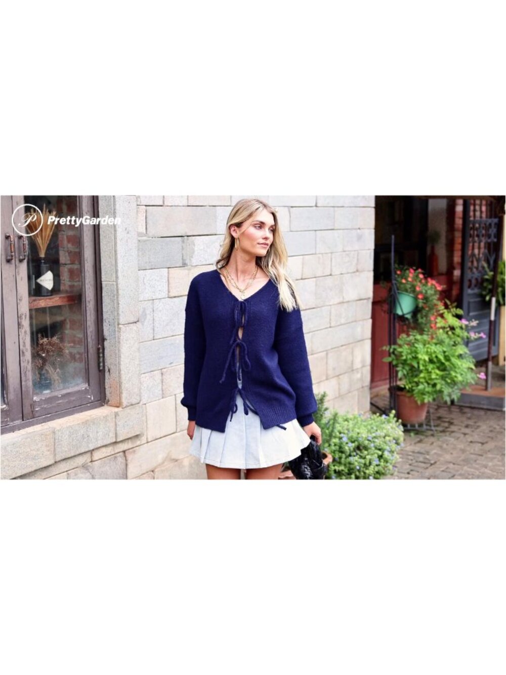 Tie Front Bow Cardigan Cable Knit Puff Sleeve Sweater - Picture 6 of 6
